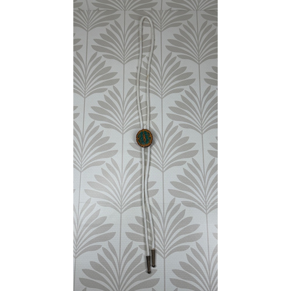 Vintage Walnut Shell Bolo Tie Crushed Turquoise Inlay White Braided Cord Western